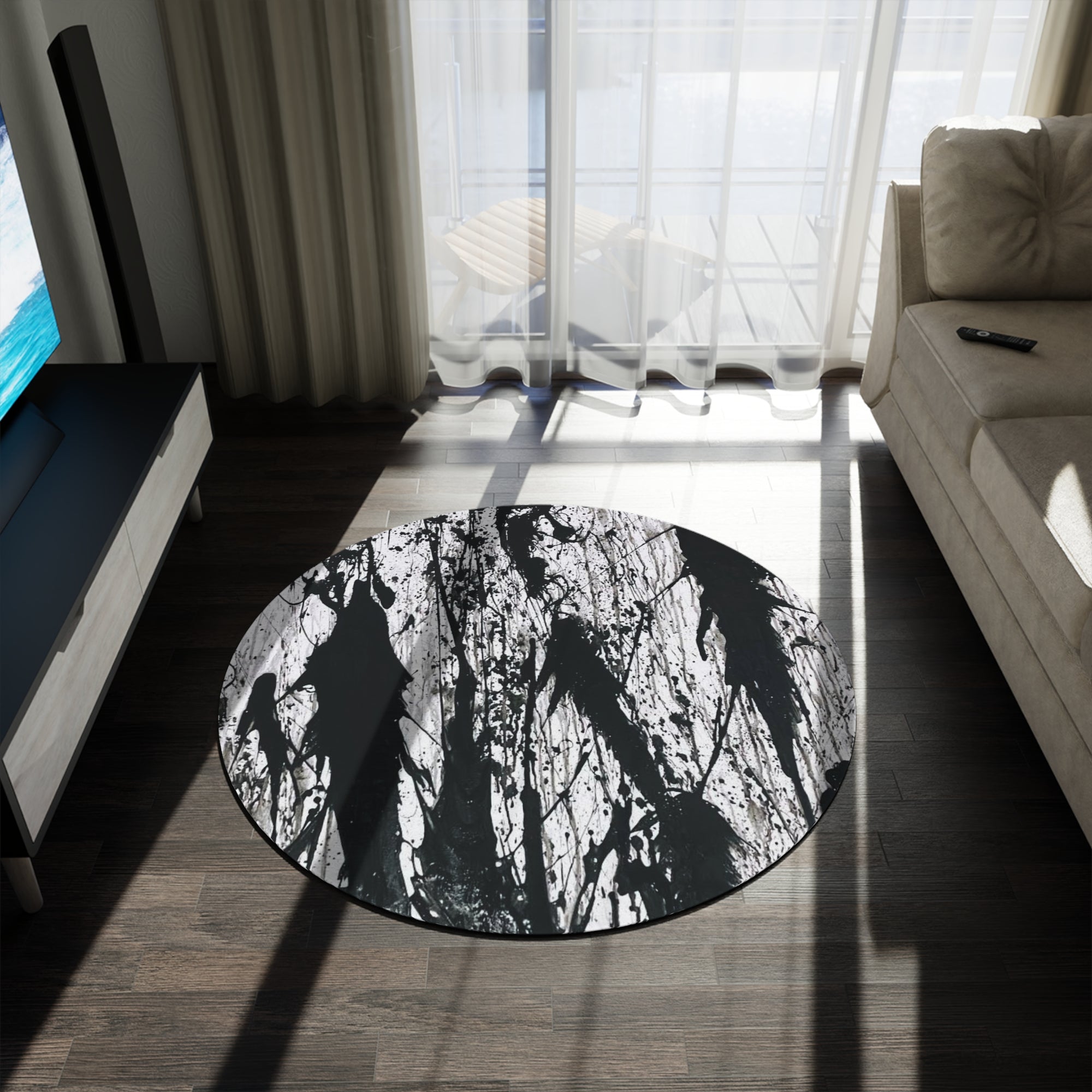 B'n W Splatter Art Round Rug